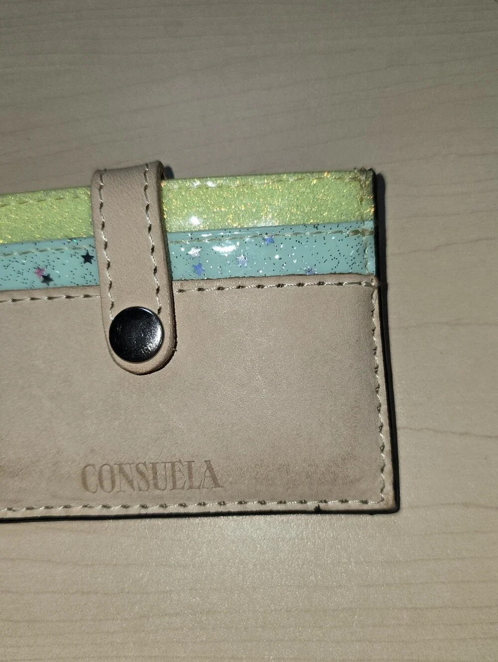 Consuela Beige Card Holder with Mint and Lime Glitter Accents